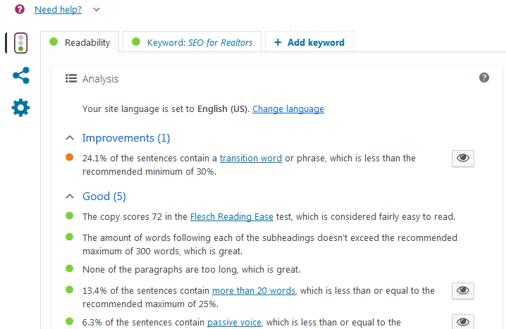 Yoast SEO for Realtors readability score