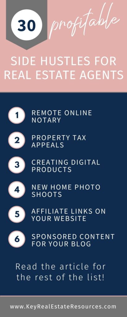 Our 30 side hustles for real estate agents help experienced agents diversify their income and new agents earn $$$ while they get established.