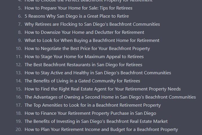ChatGPT's list of real estate blog topics, Example of using ChatGPT for real estate