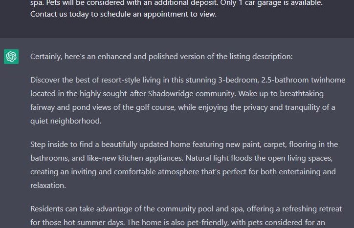 ChatGPT's AI-enhanced listing description, Example of using ChatGPT for real estate