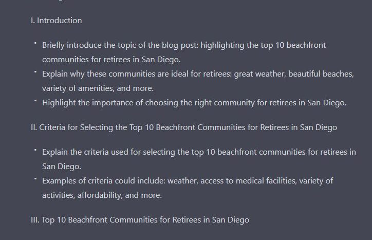 ChatGPT's AI-generated blog post outline for estate blog topics, Example of using ChatGPT for real estate