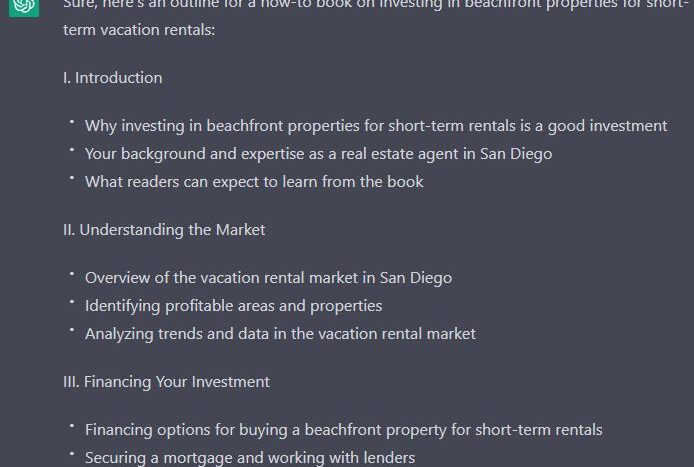 ChatGPT's AI-generated real estate book or course outline, Example of using ChatGPT for real estate