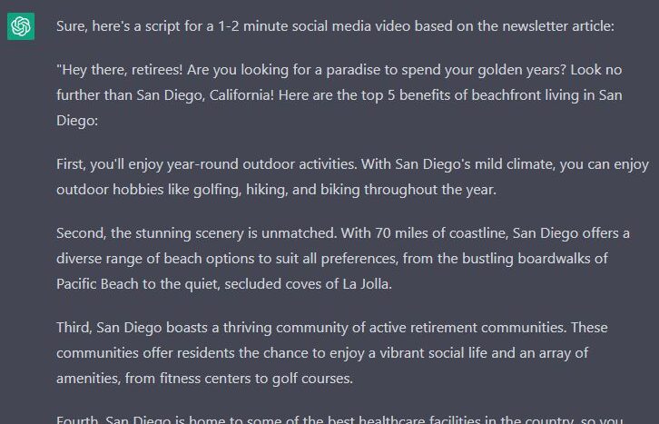 ChatGPT's AI-generated real estate video script, Example of using ChatGPT for real estate