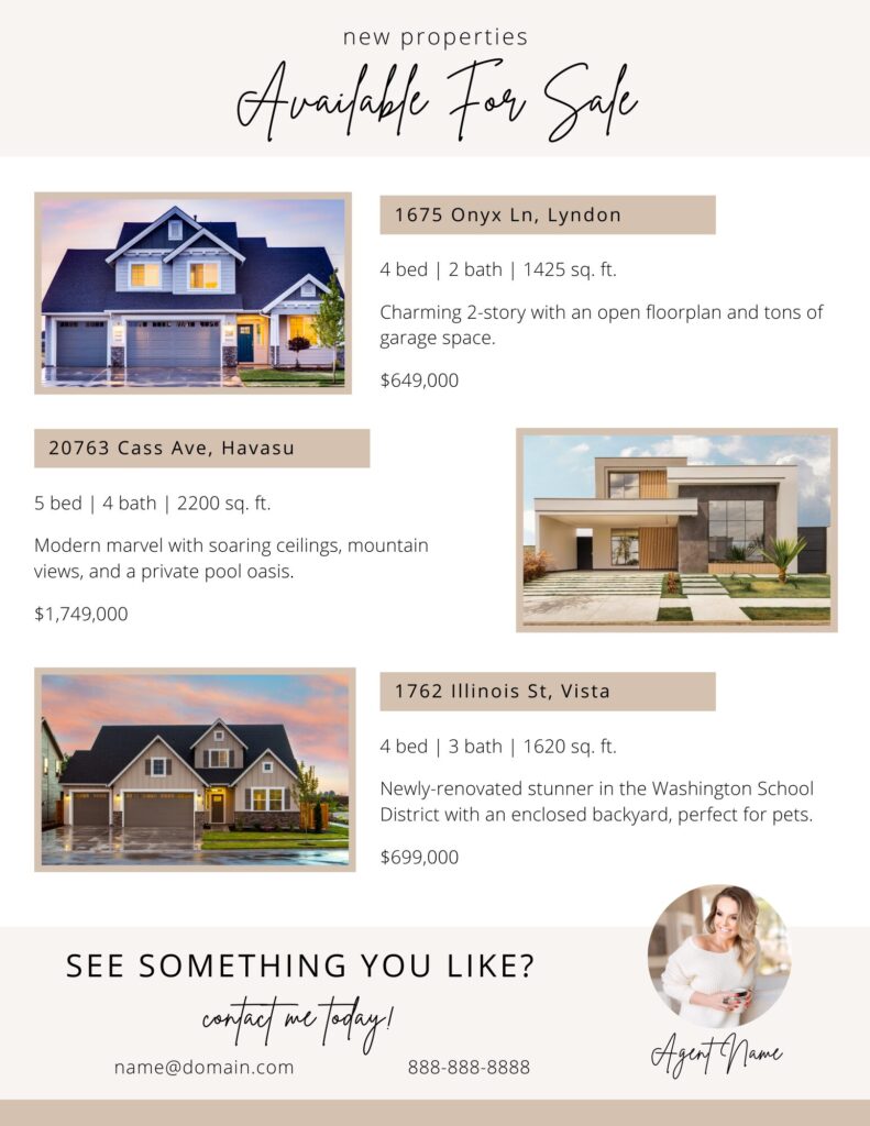 New Listings Real Estate Newsletter for Real Estate Agents, Real Estate Brokers, and REALTORS. real estate newsletter examples, real estate newsletters, real estate newsletter sample, real estate newsletter template